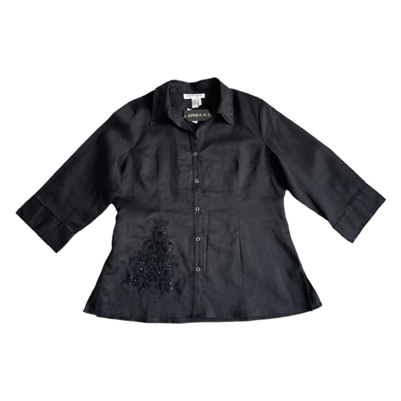 Women’s Shirt LINO USA Black Blouse 3/4 Sleeve Shirt Beads Embroidered Linen Top - Picture 7 of 8